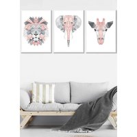 ARTZE Geometric Pink Grey Jungle Animal Heads Framed Wall Art - Large in White | Size: W53 cm x H73 cm x D20mm