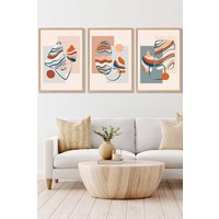 ARTZE Set of 3 Oak Framed Boho Modern Abstract in Blue & Orange Wall Art in Pale Orange | Size: W45 cm x H62 cm x D20mm