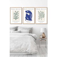 ARTZE Set of 3 Oak Framed Matisse Botanical Shapes with Nude in Green & Blue Wall Art in Light Green | Size: W53 cm x H73 cm x D20mm