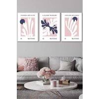 ARTZE Set of 3 White Framed Matisse Floral Cut Out Style in Blue & Pink Wall Art in Dusty Pink | Size: W33 cm x H45 cm x D20mm