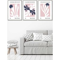 ARTZE Set of 3 Light Grey Framed Matisse Floral Cut Out Style in Blue & Pink Wall Art in Dusty Pink | Size: W33 cm x H45 cm x D20mm