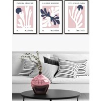 ARTZE Set of 3 Black Framed Matisse Floral Cut Out Style in Blue & Pink Wall Art in Dusty Pink | Size: W53 cm x H73 cm x D20mm