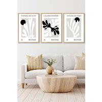 ARTZE Set of 3 Oak Framed Matisse Floral Cut Out Style in Black & Beige Wall Art | Size: W33 cm x H45 cm x D20mm