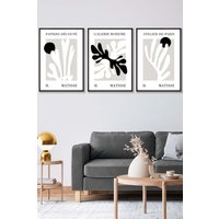 ARTZE Set of 3 Black Framed Matisse Floral Cut Out Style in Black & Beige Wall Art | Size: W53 cm x H73 cm x D20mm