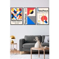 ARTZE Set of 3 Black Framed Mid Century Bauhaus Exhibition Red Blue Yellow Wall Art | Size: W53 cm x H73 cm x D20mm