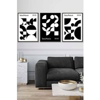 ARTZE Set of 3 Black Framed Mid Century Bauhaus Black & White Wall Art | Size: W33 cm x H45 cm x D20mm
