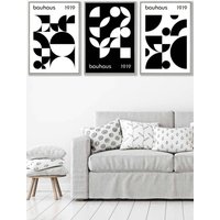 ARTZE Set of 3 Light Grey Framed Mid Century Bauhaus Black & White Wall Art | Size: W53 cm x H73 cm x D20mm