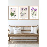 ARTZE Set of 3 Oak Framed Vintage Graphical Flower Market Purple Lilac Wall Art | Size: W45 cm x H62 cm x D20mm