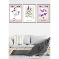 ARTZE Set of 3 Light Grey Framed Vintage Graphical Lilac Purple Spring Flower Market Wall Art | Size: W33 cm x H45 cm x D20mm