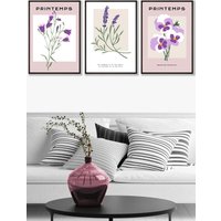 ARTZE Set of 3 Black Framed Vintage Graphical Lilac Purple Spring Flower Market Wall Art | Size: W45 cm x H62 cm x D20mm