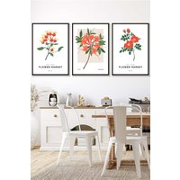 ARTZE Set of 3 Black Framed Vintage Graphical Orange Flower Market Wall Art | Size: W45 cm x H62 cm x D20mm