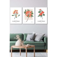 Set 3 Framed Vintage Graphical Orange Flower Market Wall Art W53 cm x H73 cm x D20mm