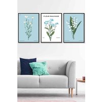 ARTZE Set of 3 Black Framed Vintage Graphical Blue Spring Wild Flower Market Wall Art in Bright Blue | Size: W33 cm x H45 cm x D20mm