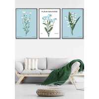ARTZE Set of 3 Dark Grey Framed Vintage Graphical Blue Spring Wild Flower Market Wall Art in Bright Blue | Size: W45 cm x H62 cm x D20mm