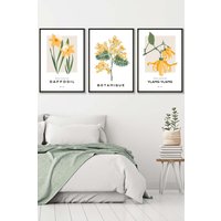 ARTZE Set of 3 Black Framed Vintage Graphical Yellow Spring Flower Market Wall Art in Bright Yellow | Size: W33 cm x H45 cm x D20mm