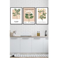 ARTZE Set of 3 Black Framed Vintage Graphical Yellow Wild Flower Market Wall Art in Bright Yellow | Size: W33 cm x H45 cm x D20mm
