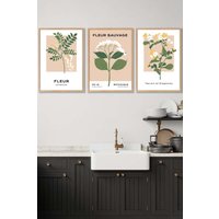 ARTZE Set of 3 Oak Framed Vintage Graphical Yellow Wild Flower Market Wall Art in Bright Yellow | Size: W45 cm x H62 cm x D20mm