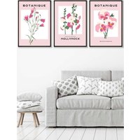 ARTZE Set of 3 Black Framed Vintage Graphical Pink Hollyhock Flower Market Wall Art in Dusty Pink | Size: W53 cm x H73 cm x D20mm