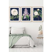 ARTZE Set of 3 Oak Framed Vintage Flowers Lilac, Peony & Camellia on Navy Blue Wall Art | Size: W45 cm x H62 cm x D20mm