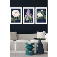 ARTZE Set of 3 White Framed Vintage Flowers Lilac, Peony & Camellia on Navy Blue Wall Art | Size: W53 cm x H73 cm x D20mm