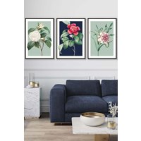 ARTZE Set of 3 Black Framed Vintage Flowers Camellia Blue & Green Wall Art in Navy | Size: W53 cm x H73 cm x D20mm