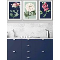 ARTZE Set of 3 Light Grey Framed Vintage Flowers Honeysuckle Blue & Green Wall Art in Navy | Size: W45 cm x H62 cm x D20mm