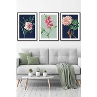 ARTZE Set of 3 Black Framed Vintage Flowers Navy Blue & Sage Green Wall Art | Size: W53 cm x H73 cm x D20mm