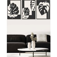 ARTZE Set of 3 Black Framed Mid Century Monstera in Black & Ivory Wall Art in Charcoal | Size: W45 cm x H62 cm x D20mm