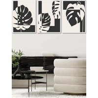 ARTZE Set of 3 White Framed Mid Century Monstera in Black & Ivory Wall Art in Charcoal | Size: W45 cm x H62 cm x D20mm