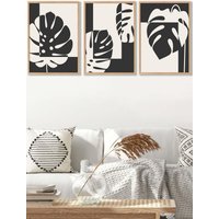 ARTZE Set of 3 Oak Framed Mid Century Monstera in Black & Ivory Wall Art in Charcoal | Size: W45 cm x H62 cm x D20mm