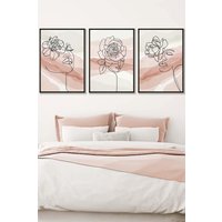 ARTZE Set of 3 Black Framed Female Line Art Floral Faces on Pink & Ivory Wall Art in Light Pink | Size: W33 cm x H45 cm x D20mm