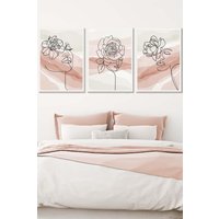ARTZE Set of 3 White Framed Female Line Art Floral Faces on Pink & Ivory Wall Art in Light Pink | Size: W53 cm x H73 cm x D20mm