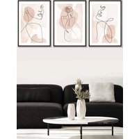 ARTZE Set of 3 Black Framed Coral Pink Abstract Line Art Female Wall Art | Size: W33 cm x H45 cm x D20mm