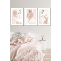 ARTZE Set of 3 White Framed Coral Pink Abstract Line Art Female Wall Art | Size: W33 cm x H45 cm x D20mm