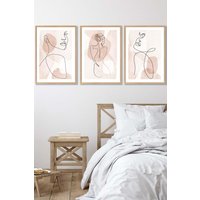 ARTZE Set of 3 Oak Framed Coral Pink Abstract Line Art Female Wall Art | Size: W33 cm x H45 cm x D20mm