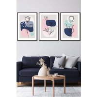 ARTZE Set of 3 Black Framed Line Art Spring Flowers on Navy Pink Boho Shapes Wall Art | Size: W45 cm x H62 cm x D20mm