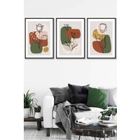 ARTZE Set of 3 Black Framed Line Art Autumn Flowers on Green Yellow Boho Shapes Wall Art | Size: W33 cm x H45 cm x D20mm
