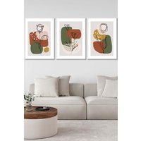 ARTZE Set of 3 White Framed Line Art Autumn Flowers on Green Yellow Boho Shapes Wall Art | Size: W45 cm x H62 cm x D20mm