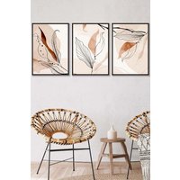 ARTZE Set of 3 Black Framed Graphical Line Art Autumn Leaves Wall Art in Pale Orange | Size: W45 cm x H62 cm x D20mm