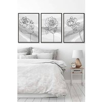 ARTZE Set of 3 Black Framed Female Line Art Floral Faces on Grey Wall Art in Light Grey | Size: W33 cm x H45 cm x D20mm