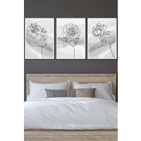 ARTZE Set of 3 White Framed Female Line Art Floral Faces on Grey Wall Art in Light Grey | Size: W53 cm x H73 cm x D20mm
