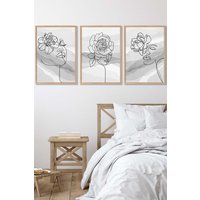 ARTZE Set of 3 Oak Framed Female Line Art Floral Faces on Grey Wall Art in Light Grey | Size: W53 cm x H73 cm x D20mm