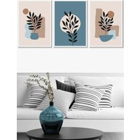 ARTZE Set of 3 White Framed Graphical Boho Floral Teal & Beige Botanical Wall Art | Size: W33 cm x H45 cm x D20mm