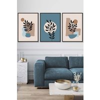 ARTZE Set of 3 Black Framed Graphical Boho Floral Teal & Beige Botanical Wall Art | Size: W45 cm x H62 cm x D20mm
