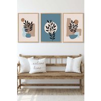 ARTZE Set of 3 Oak Framed Graphical Boho Floral Teal & Beige Botanical Wall Art | Size: W53 cm x H73 cm x D20mm