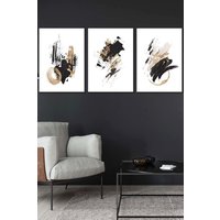 ARTZE Set of 3 White Framed Abstract Black Ivory & Gold Oil Strokes Wall Art | Size: W45 cm x H62 cm x D20mm