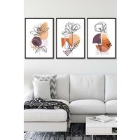ARTZE Set of 3 Black Framed Line Art Flowers on Purple Orange Boho Shapes Wall Art | Size: W33 cm x H45 cm x D20mm