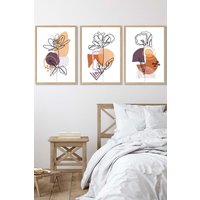ARTZE Set of 3 Oak Framed Line Art Flowers on Purple Orange Boho Shapes Wall Art | Size: W53 cm x H73 cm x D20mm