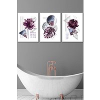 ARTZE Set of 3 White Framed Abstract Purple & Silver Botanical Wall Art | Size: W33 cm x H45 cm x D20mm