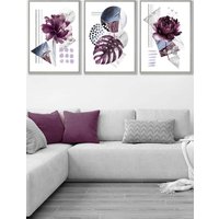 ARTZE Set of 3 Light Grey Framed Abstract Purple & Silver Botanical Wall Art | Size: W33 cm x H45 cm x D20mm
